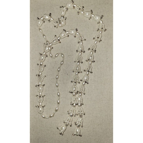 Lot 2 Vintage White Gold Flower Tassel Seed Bead Necklaces Retro Wedding Lei - Picture 6 of 13